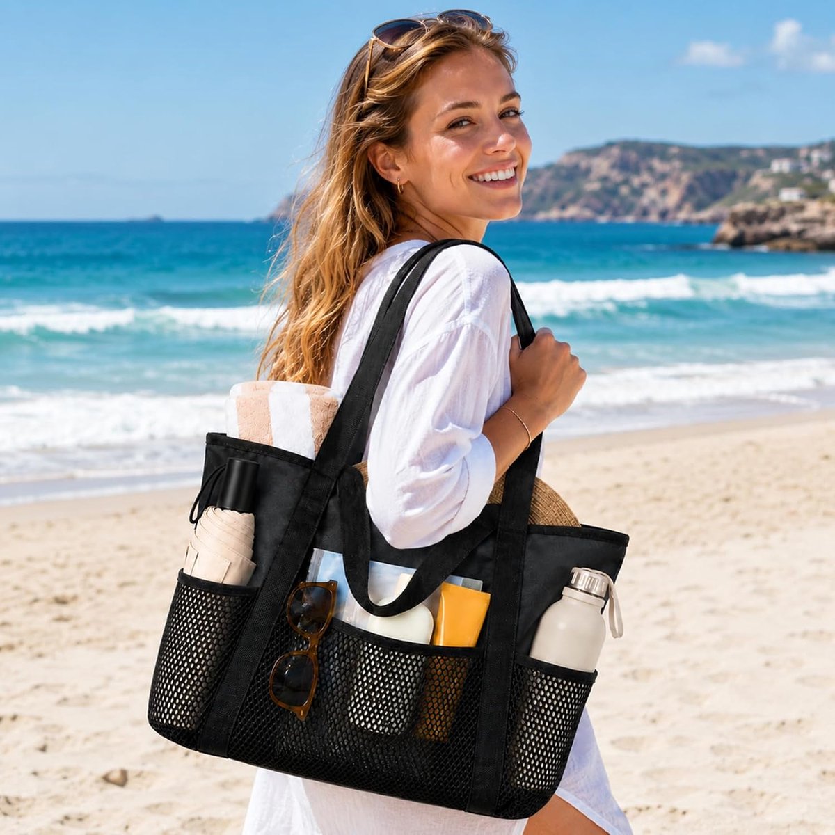 Women's Large Beach Bag with Zip Waterproof Mesh Bath Bag Family Foldable Beach Bag Shopper - ShopVlot