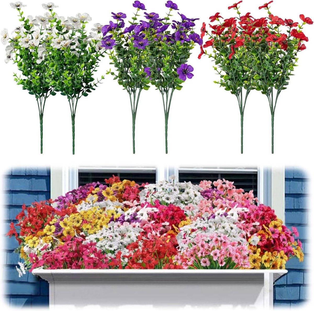 Kunstbloemen buiten 6 bundels - nep zijde paars rood wit - UV-bestendig - ideale tuindecoratie - ShopVlot