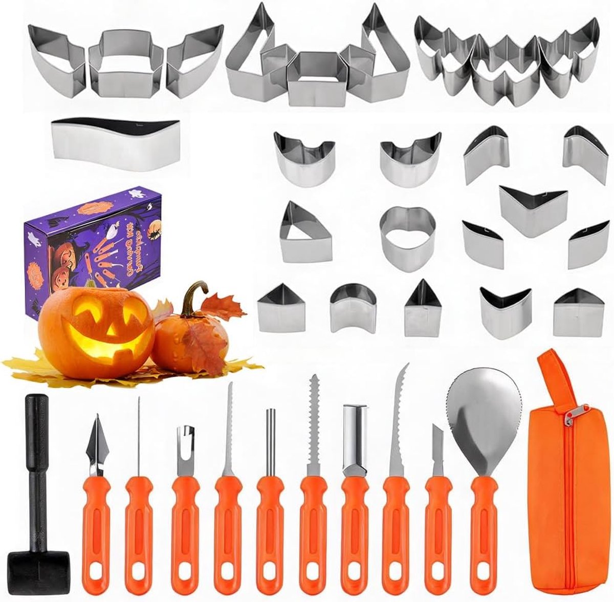 Pompoen snijgereedschap set - 24-delig roestvrij staal - 22 herbruikbare sjablonen - perfect voor Halloween decoratie - ShopVlot