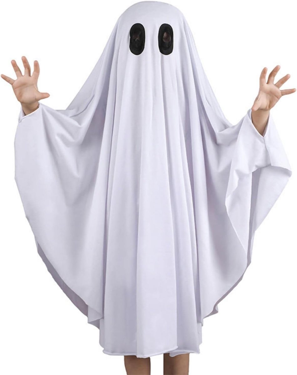 Daity Spookachtig Halloweenkostuum - Unisex - Witte "Boo" spookcape - Geschikt voor "Trick or Treat" activiteiten (120 cm, 6-7 jaar)