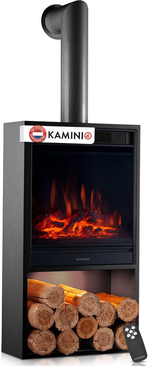 KAMINIO® Hugo elektrische haard met verwarmingselement en rookkanaal [Zwarte haard] - Vrijstaande elektrische haard met verwarmingselement, 3D-vlameffect in 5 standen, houtopslagvak met ledverlichting, timer, thermostaat en afstandsbediening.