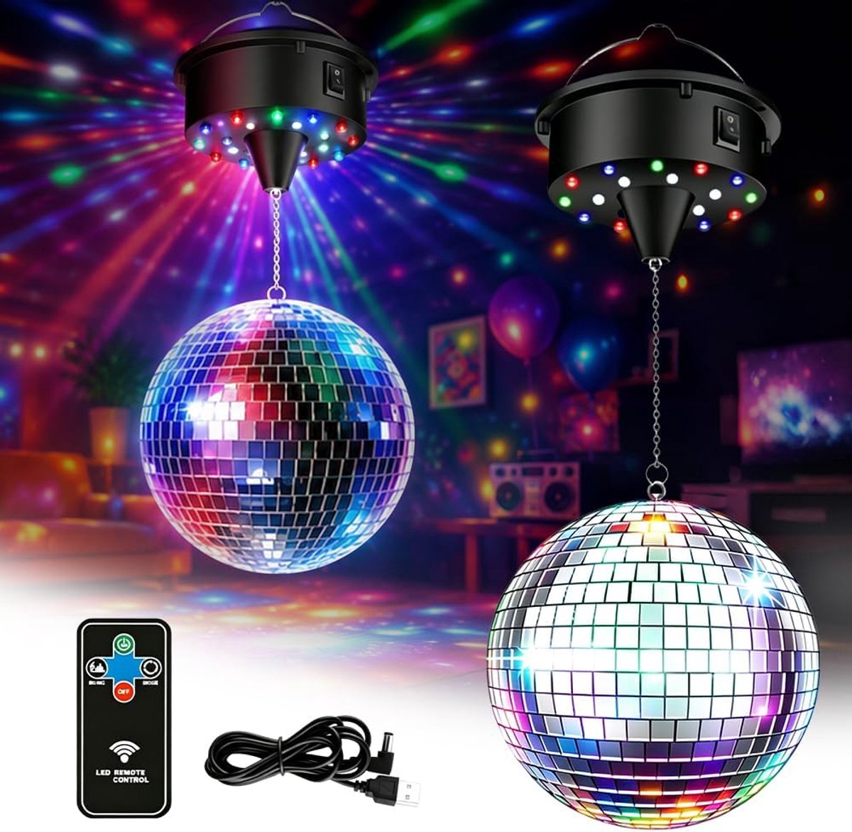 Disco Ball with Motor and Light, 15.2 cm Disco Ball Diffuser Rotating with 4 Colourful Lights and 18 LED Beads, 10 RPM - ShopVlot