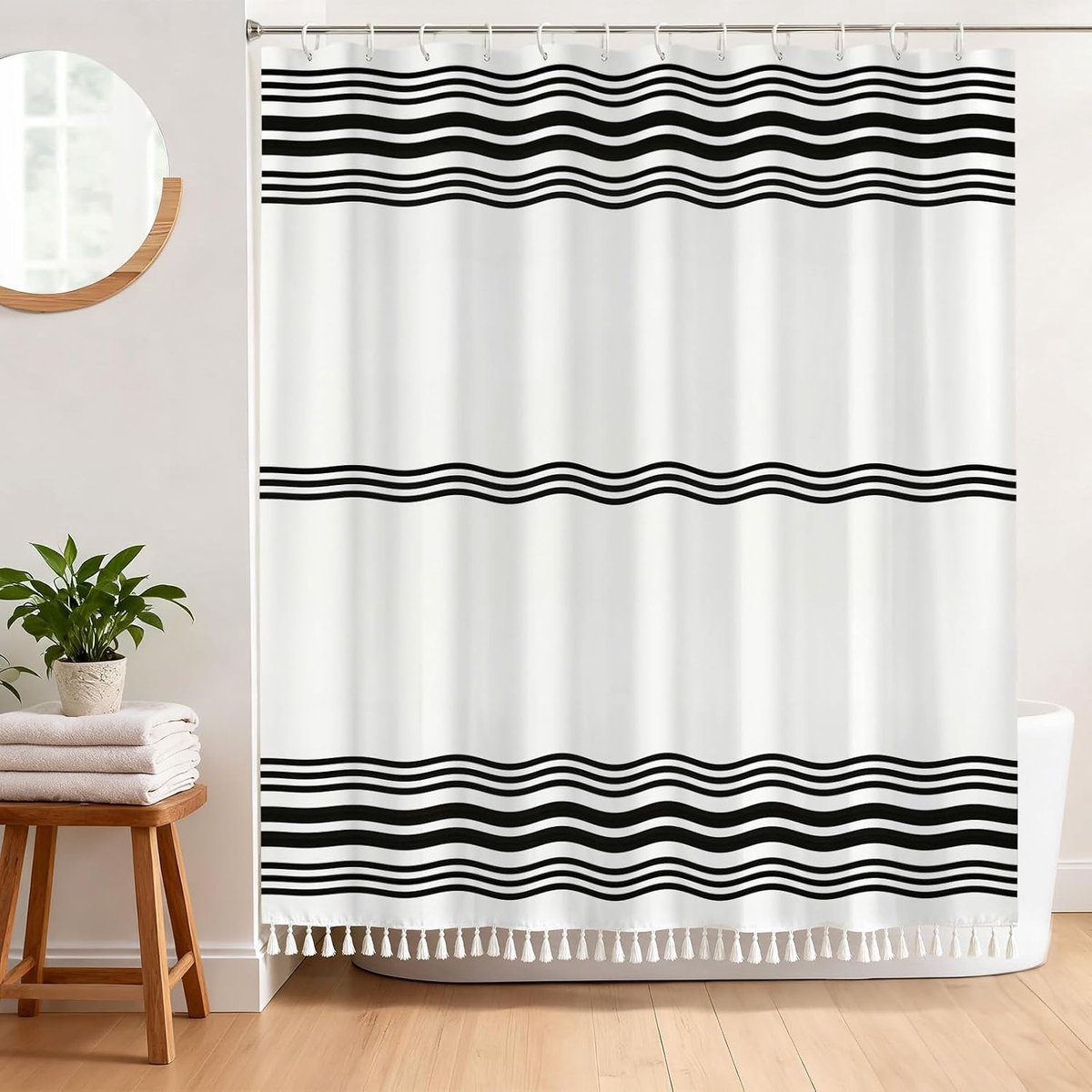Douchegordijn, zwart-wit gestreept, 180 x 180 cm, met kwastjes - ShopVlot