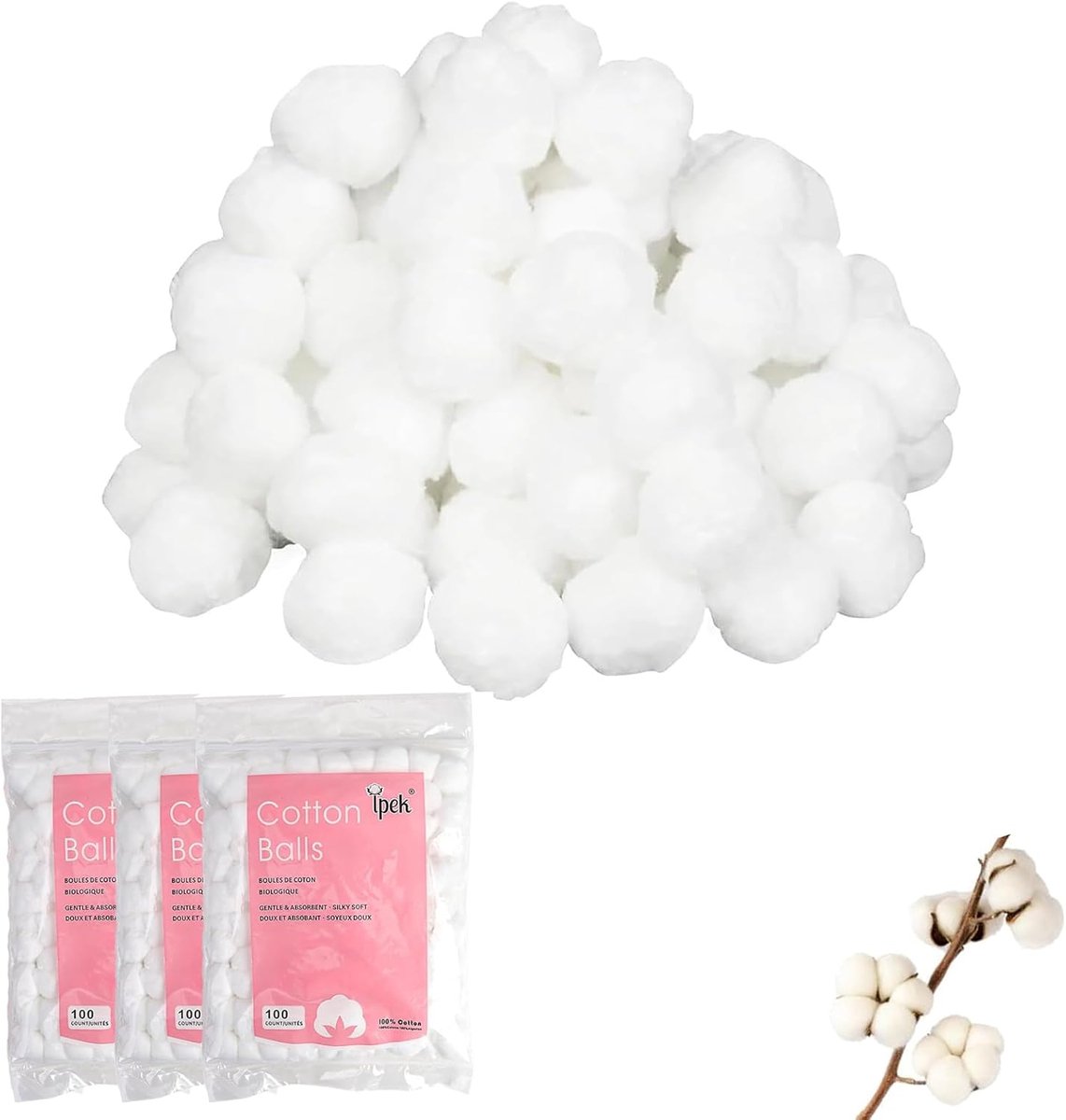 300 ballen van 100% puur katoen, zachte witte katoenen ballen, hydrofiele katoen voor schoonheid en - ShopVlot