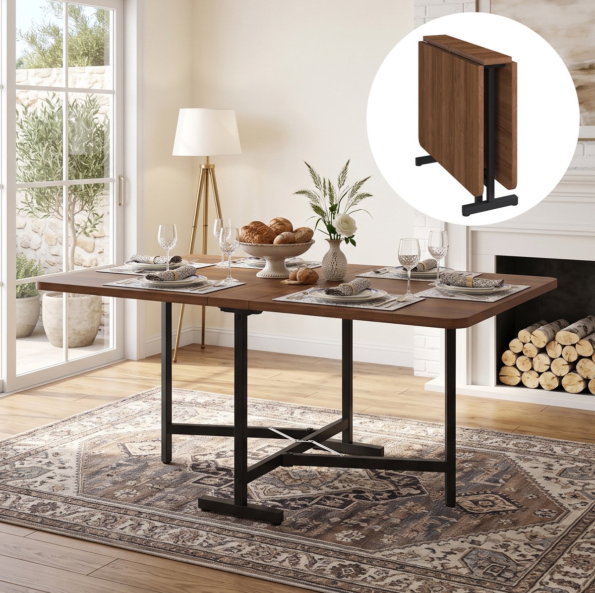 MIVRAY Eettafel - Uitschuifbaar En Opklapbaar - Ruimtebesparend Voor Eetkamer En Woonkamer - MDF - Walnoot - 120x80x75 Cm