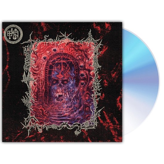 CD-hoes met bloederige, demonische afbeelding van een schedel en een verwrongen portaal. Rechts een CD.