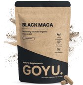Bruine kraftzak met "BLACK MACA" en "GOYU." logo, omringd door bruin poeder. Twee capsules liggen ernaast.