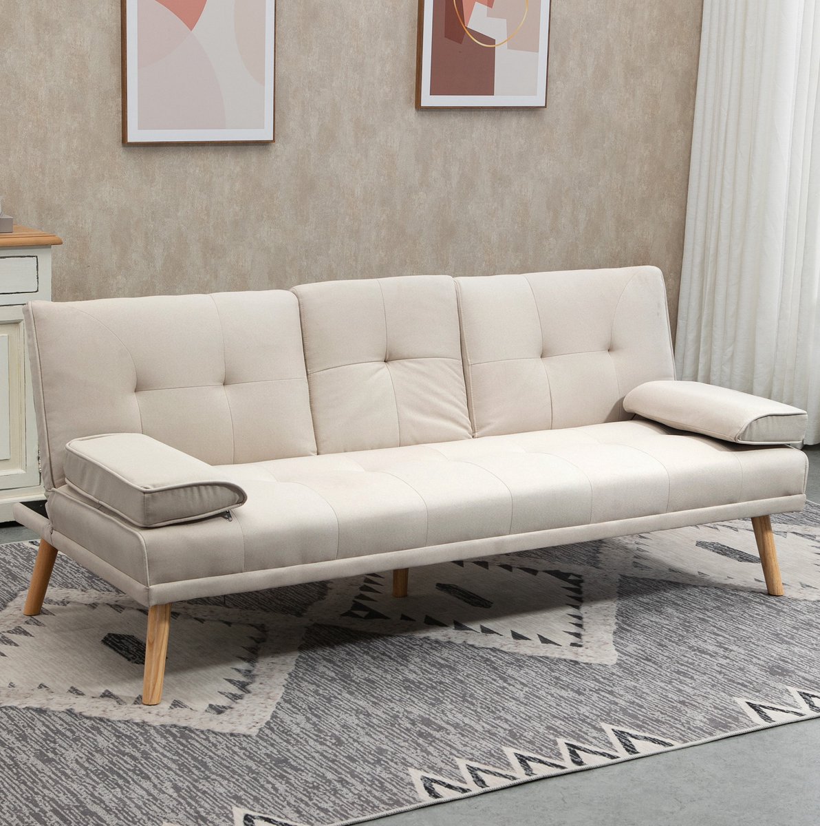 MODENUIT Slaapbank 3-Zits 181 Cm - Verstelbare Rugleuning en Opklapbare Functie - Woonkamer - Polyester - Beige
