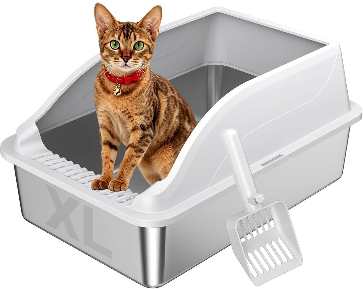 Famanu – Roestvrijstalen kattenbak met hoge zijkant, anti-urinelekkage en antiaanbaklaag, lichtgrijs, ideaal voor het comfort van uw kat Famanu – Roestvrijstalen kattenbak met hoge zijkant, anti-urinelekkage en antiaanbaklaag, lichtgrijs, ideaal voor het comfort van uw kat