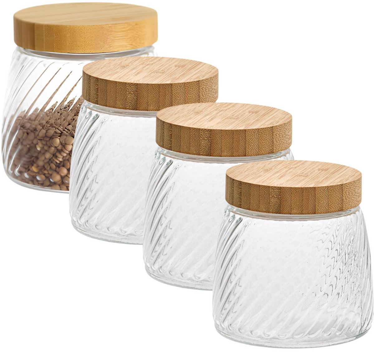 Voorraadpot Food Essentials Ventura - 4x - keuken - ribbel glas / bamboe - 0.9 liter - luchtdichte draaideksel - bewaarpotten - opslagpotten