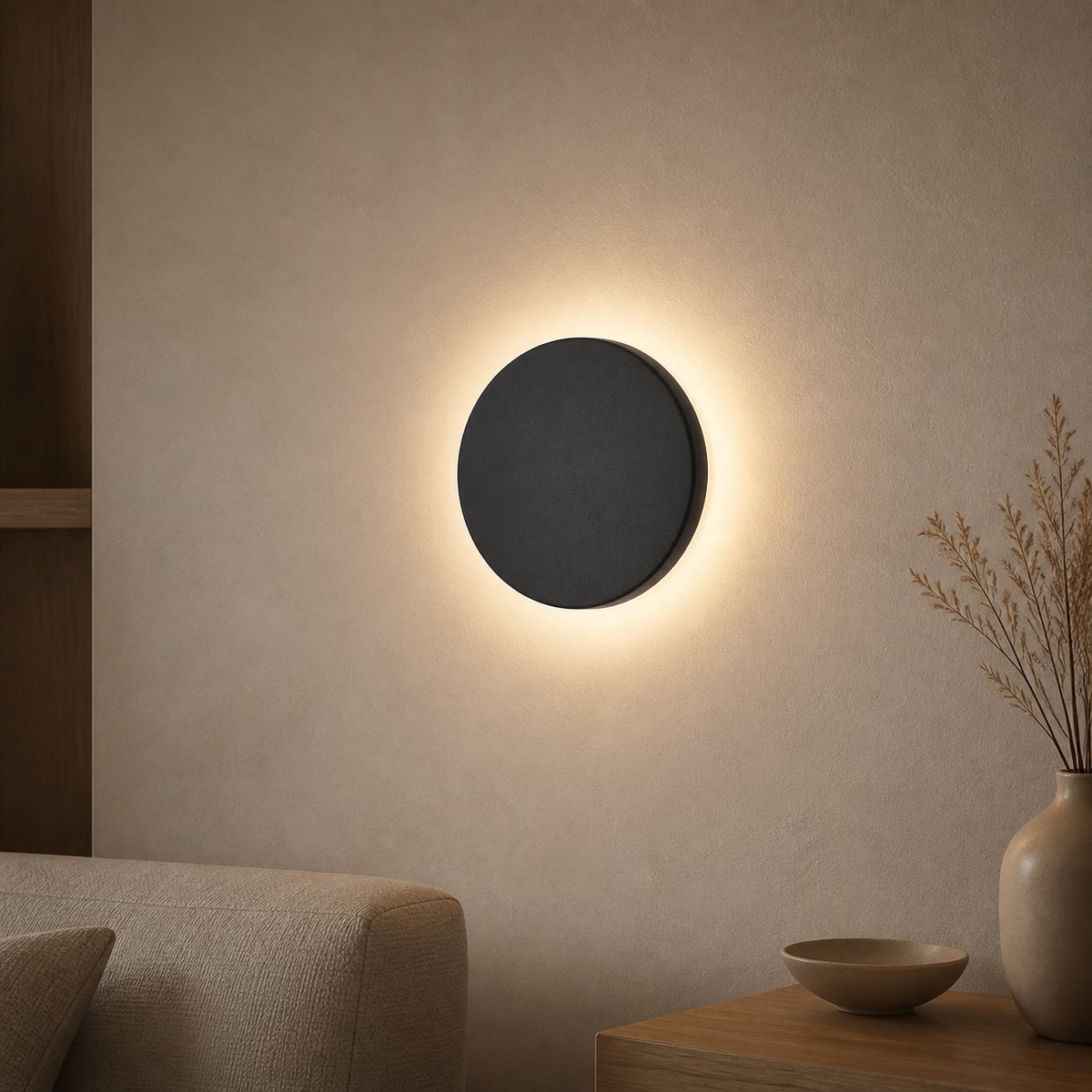 Narvie LED Wandlamp Rond Ø15 cm – Zwarte Wandverlichting – Indirect Licht met Halo Effect – Aluminium – Moderne Sfeerlamp