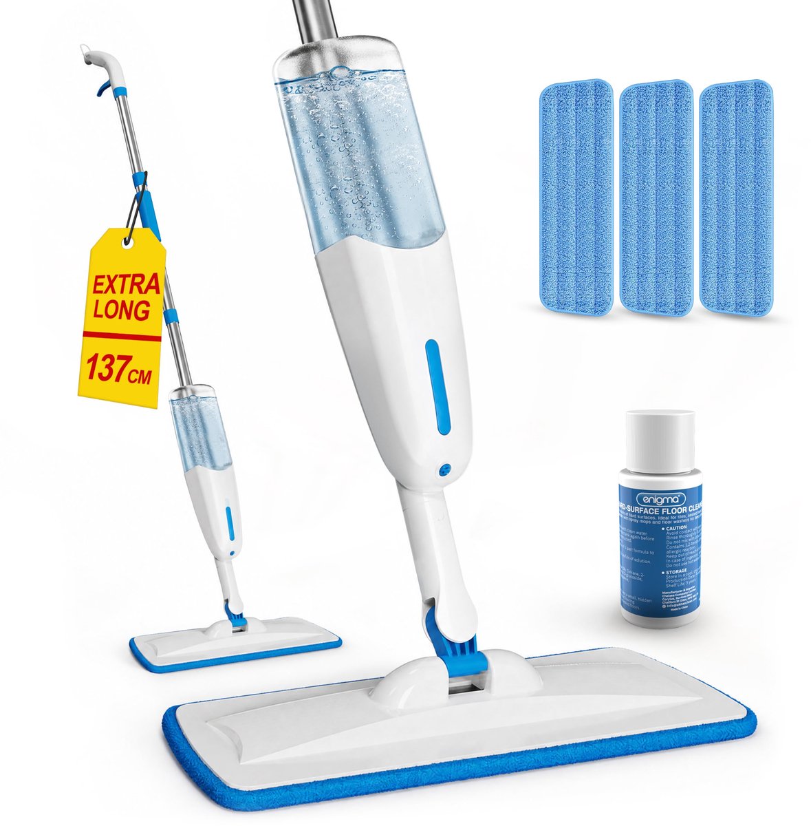 Famanu – Spuitdweil van 137 cm, vloerwisser met waterreservoir voor nat en droog vloerreiniging, inclusief 3 microvezelpads en geconcentreerde reiniger