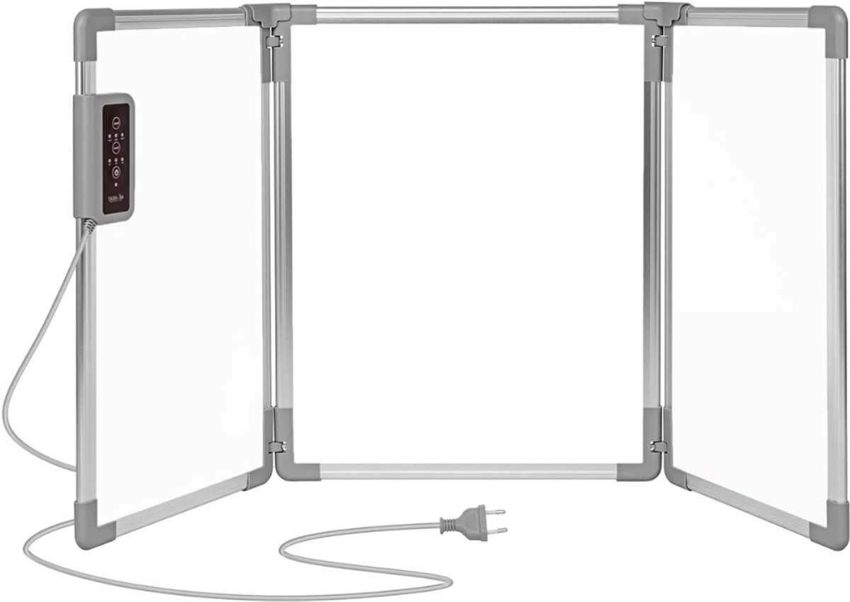 QUOVO® Infrarood paneel - Bureau verwarming – Verwarmingspaneel - Elektrische kachel – Mobiele Infraroodverwamer – Heater – Kachel – 53 x 108 cm – 350W – 3 Warmtestanden - Wit - 2cm x 108cm x 53cm