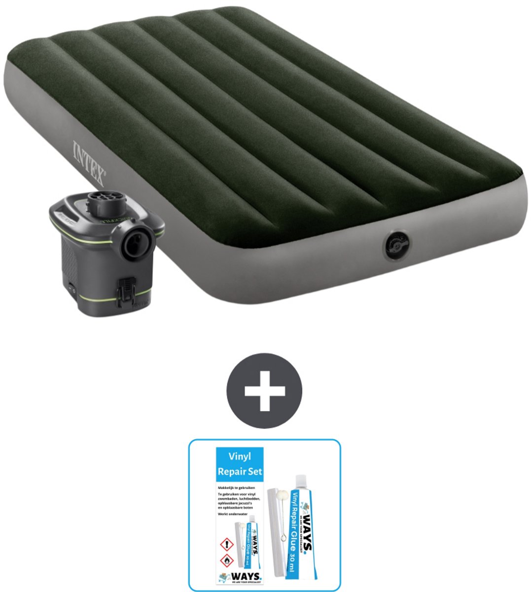 Intex Luchtbed - 1-Persoons - 99 x 191 x 25 cm - Groen - Inclusief pomp - Reparatieset