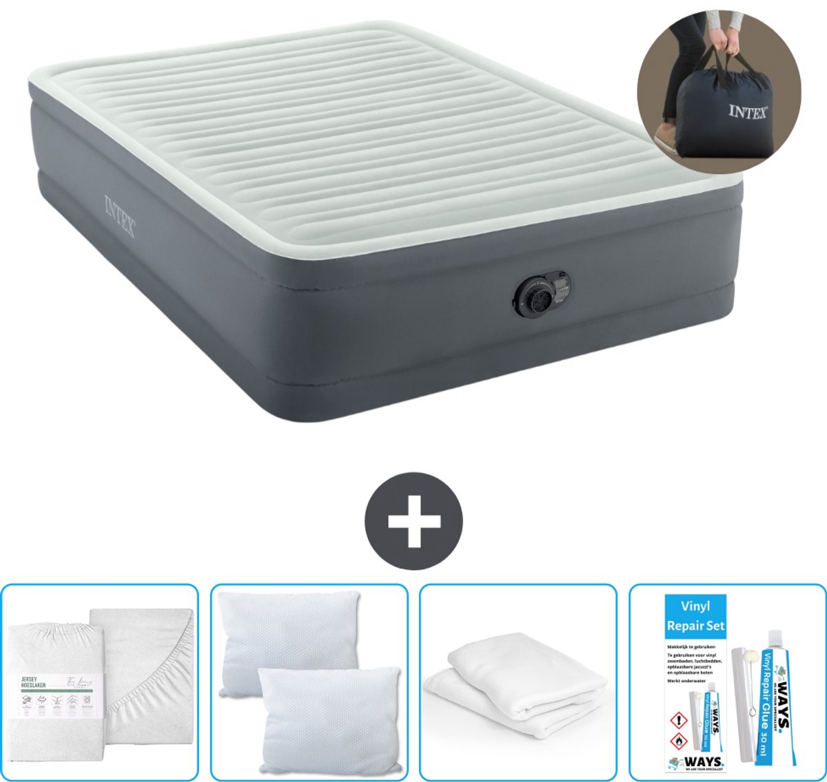 Intex Luchtbed - 2-Persoons - 152 x 203 x 46 cm - Grijs - Inclusief pomp - Hoeslaken - Kussen - Reparatieset en Kussenbeschermer