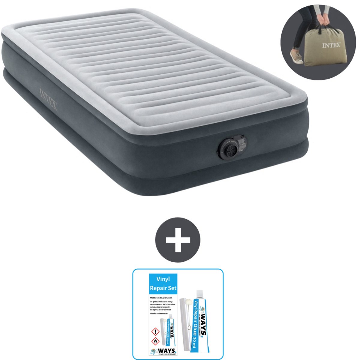 Intex Luchtbed - 1 Persoons - 99 x 191 x 33 cm - Grijs - Inclusief pomp - Reparatieset