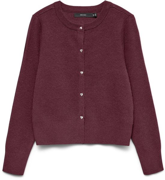 Cardigan en maille bordeaux de Vero Moda avec col rond, manches longues et boutons argentés en forme de cœur.