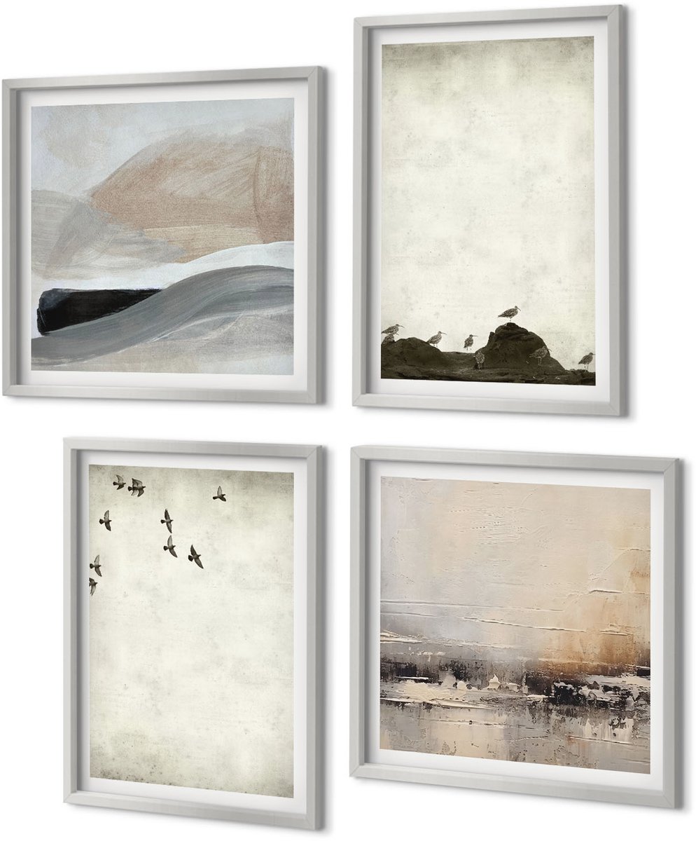 Coloray 4-Delige Schilderij Set - Vogels, rotsen en penseelstreken: minimalistische decoraties - 40 x 40 cm en 40 x 60 cm - Stijlvolle Wanddecoratie - Interieur - Woonkamer Decoratie