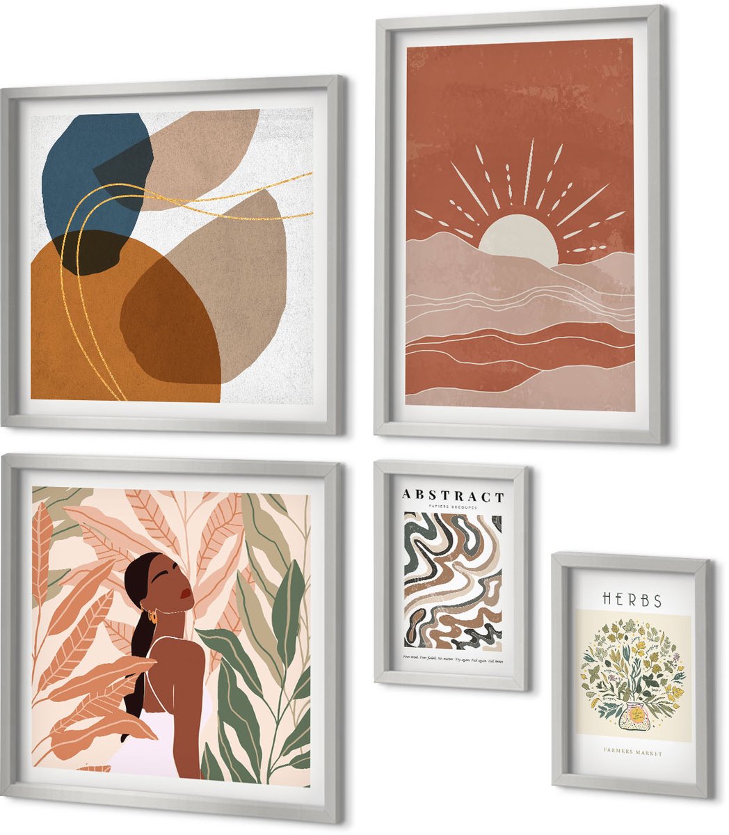Coloray 5-Delige Schilderij Set - Boho-Esthetiek, Pastelkleurige Minimalistische Posters - 20 x 30 cm - Schilderijen Set - Wanddecoratie - Woonkamer - Stijlvolle Muurdecoratie