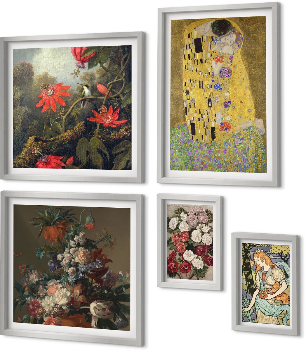 Coloray 5-Delige Schilderij Set - Bloemen En Bomen In De Schilderstijl Van De Kus Van Gustav Klimt. - 20 x 30 cm - Moderne Wanddecoratie - Slaapkamer