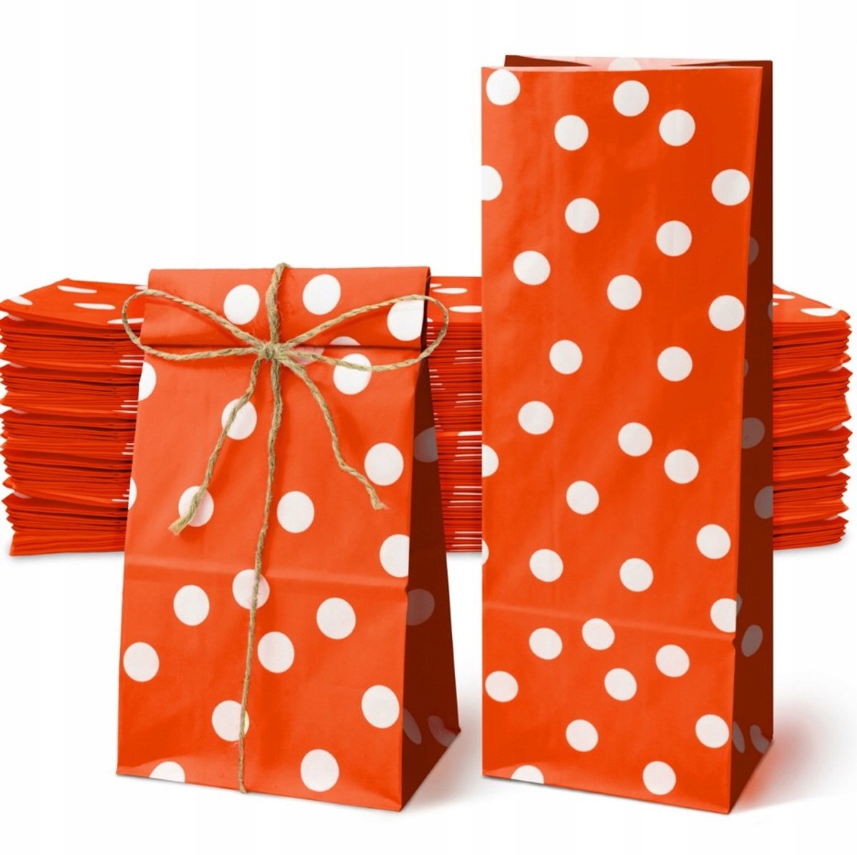 Papieren Blokbodem Zakken Rood met Witte Stippen - 50 stuks - 10x6x26 cm