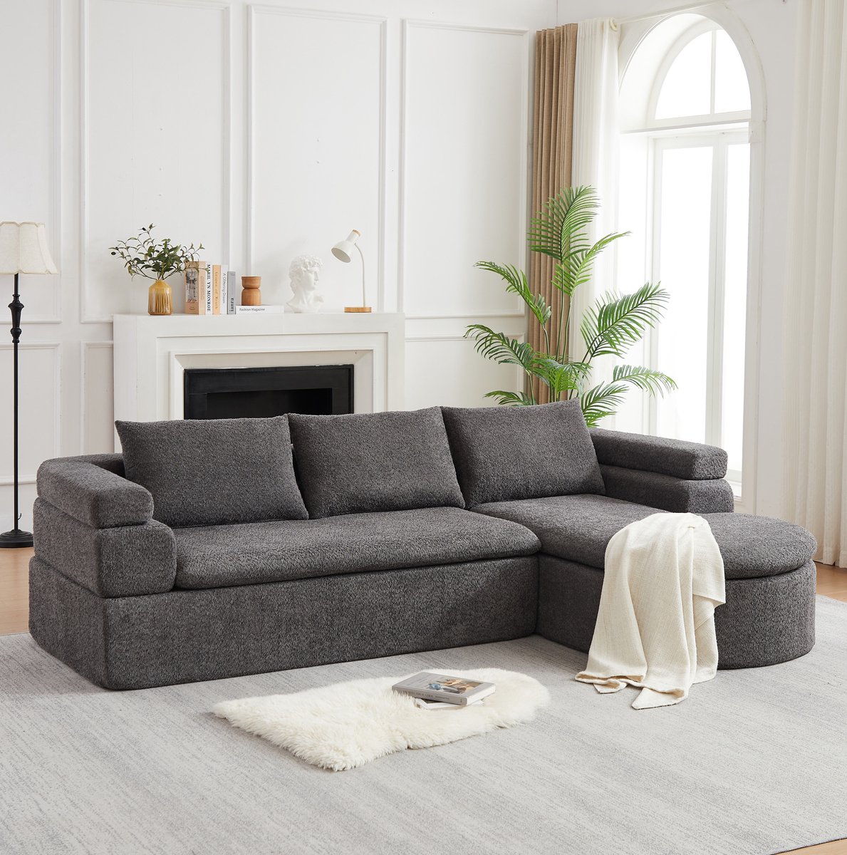 DESMIU Hoekbank - L-Vormige Bank Met Chaiselongue - 3-Zits - Voor Woonkamer En Kantoor - Chenille - Antraciet