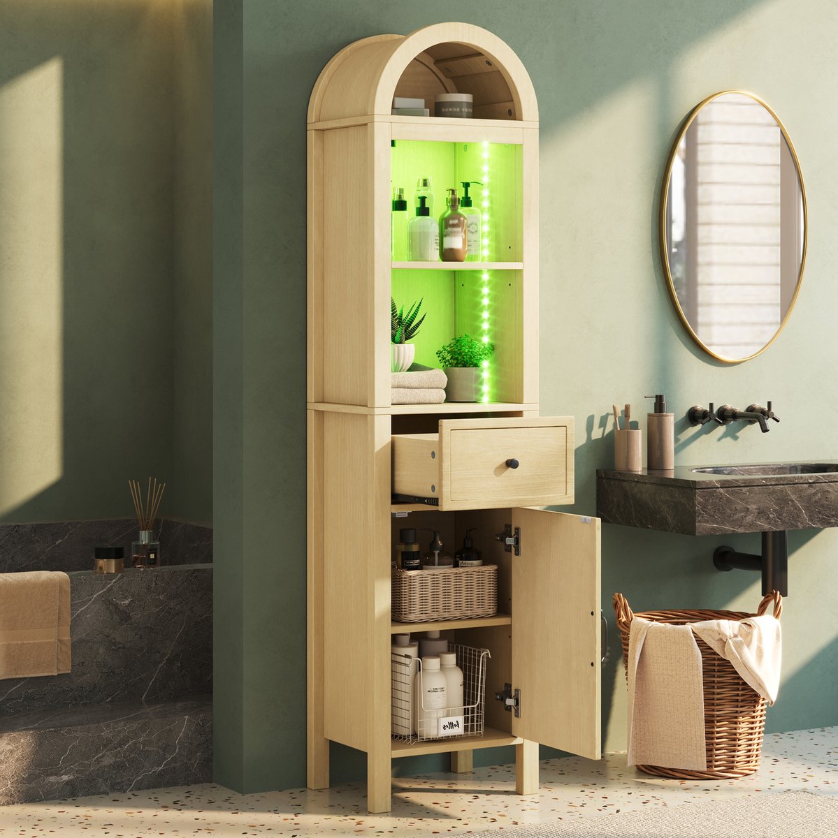 MIVRAY Badkamer Hoge Kast - LED Verlichting En Omkeerbare Deur - Vrijstaand Met Lade En Verstelbare Planken - MDF - Naturel Hout - 40x30x163 Cm