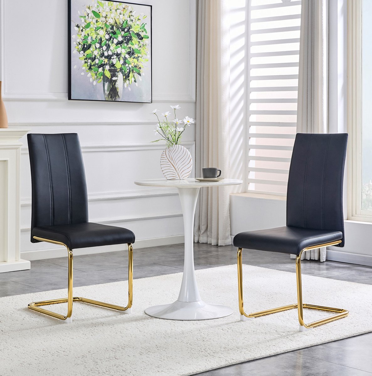 FloraGrace Eetkamerstoel Set Van 2 - Ergonomische Hoge Rugleuning En Comfortabele PU-Leren Zitting - Voor Eetkamer, Keuken En Bureau - Metaal - Zwart Goud