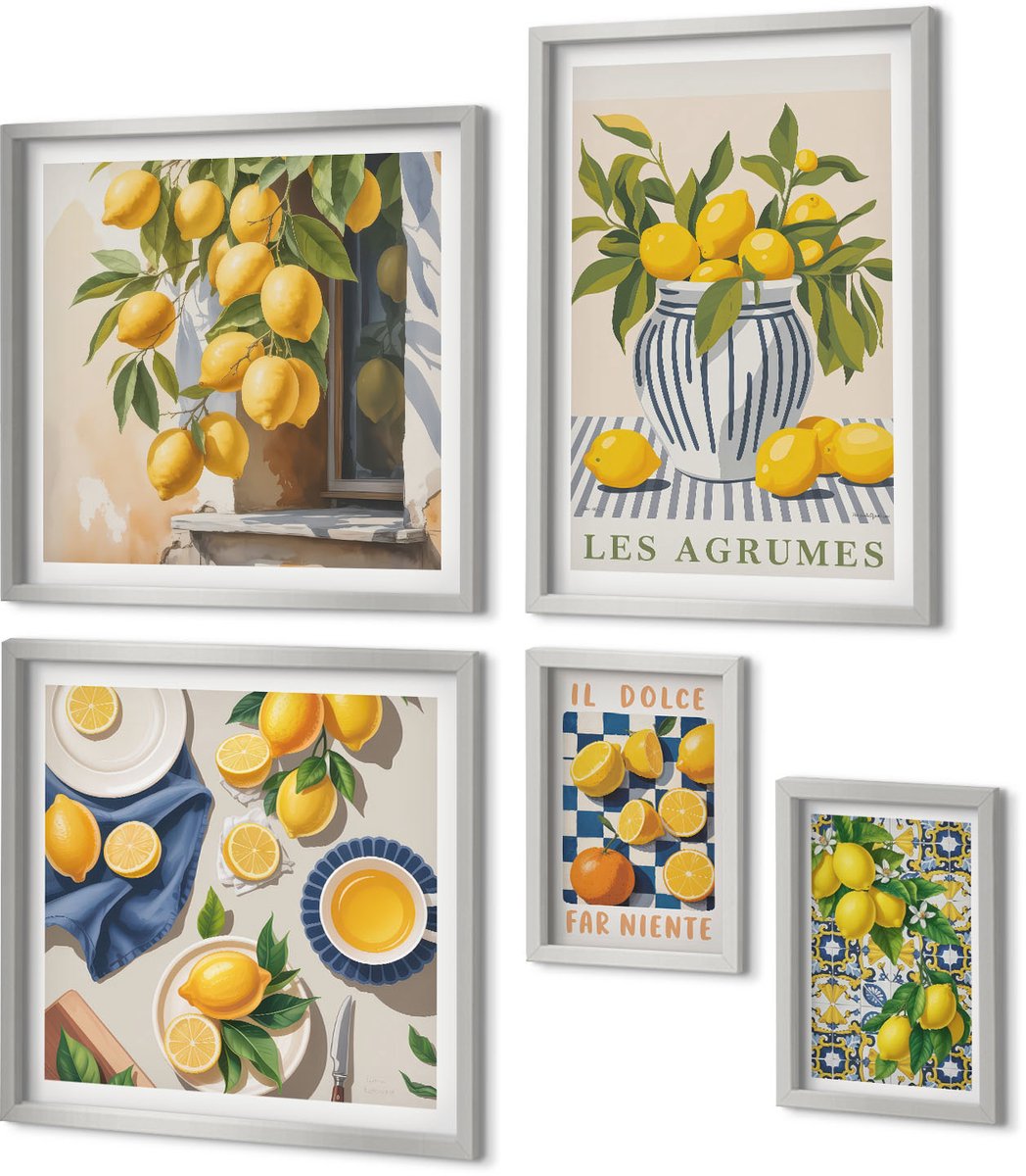 Coloray 5-Delige Schilderij Set - Olijfbloemen En Rustieke Cocktails - 20 x 30 cm - Muurdecoratie - Interieur Decoratie - Wanddecoratie