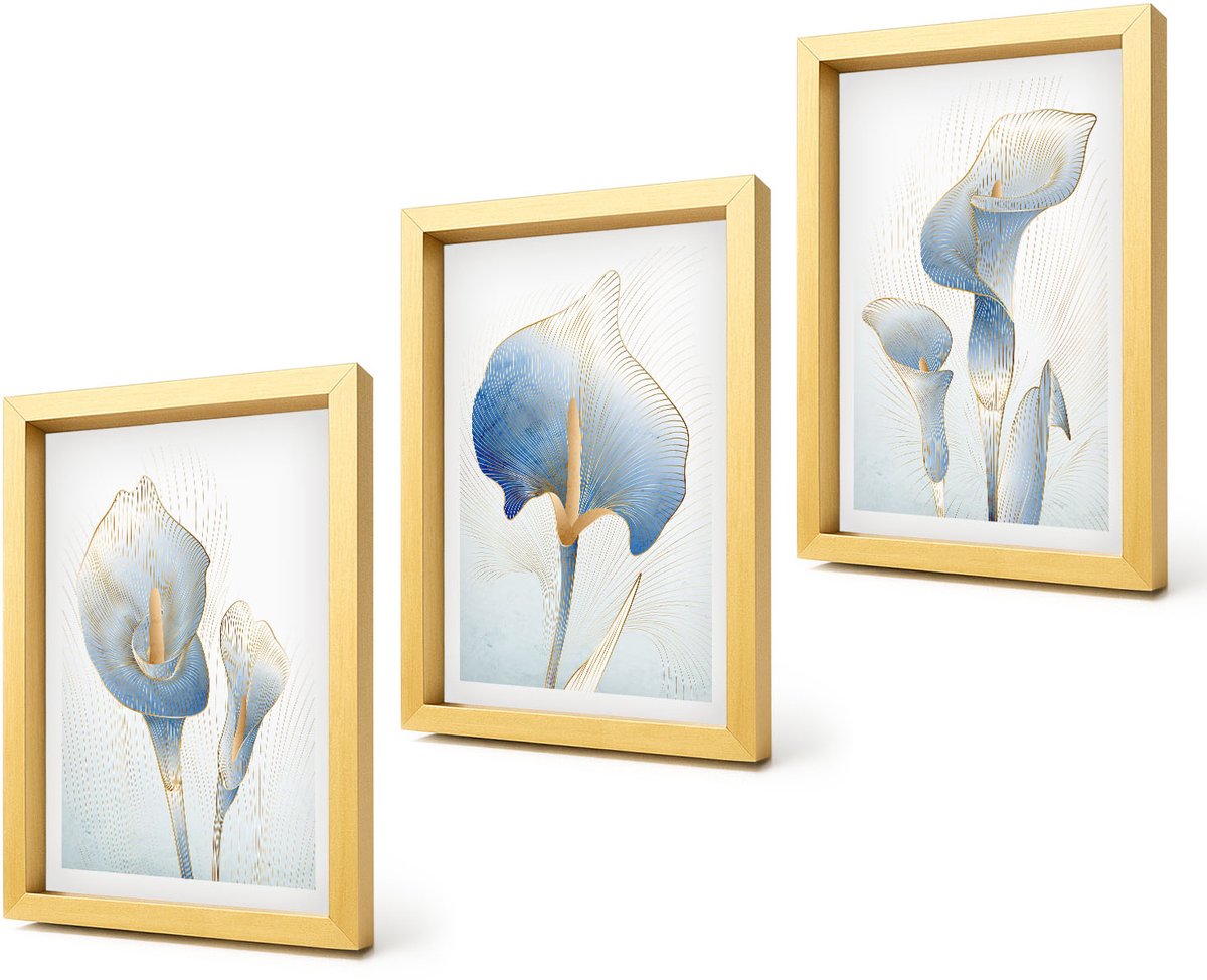 Coloray 4-Delige Schilderij Set - Fijne blauwe bloemen op een lichte achtergrond - 20 x 30 cm - Moderne Wanddecoratie - Slaapkamer - Muurdecoratie
