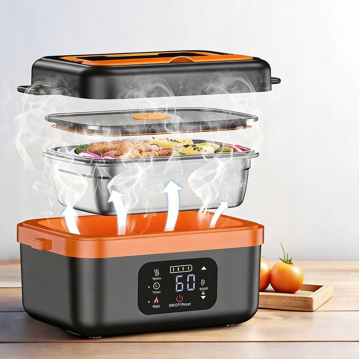 Elektrische Lunchbox - Verwarmde Bento Box - Thermos Lunchbox - 1000 ml - 60W Snel Verwarmend - 6 Temperatuurstanden - Voorverwarmen - ook Powerbank - met Isolatietas - Draagbare Broodtrommel - Voor Kantoor & School & Auto - Zwart en Oranje — cadeau in Kookcadeaus - foto 7