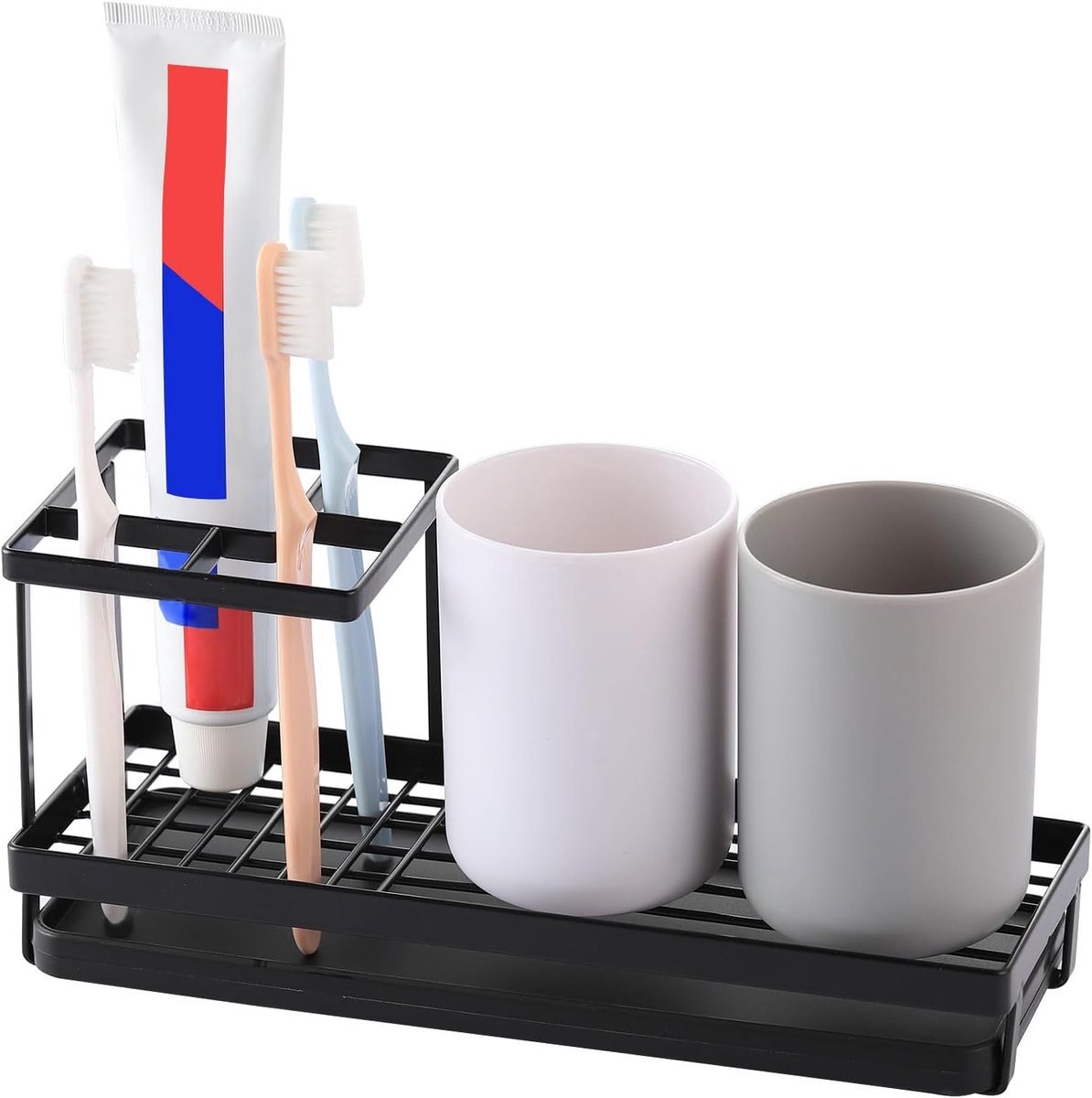 Tandenborstelhouder - badkamer organizer wastafel– Vierkant – Anti-slip –Badkamer tandenborstelhouder, metalen tandenborsteldoos met 4 vakken– Geschikt voor Elektrische Tandenborstel – Zwart - 25.2x11.6x9 cm