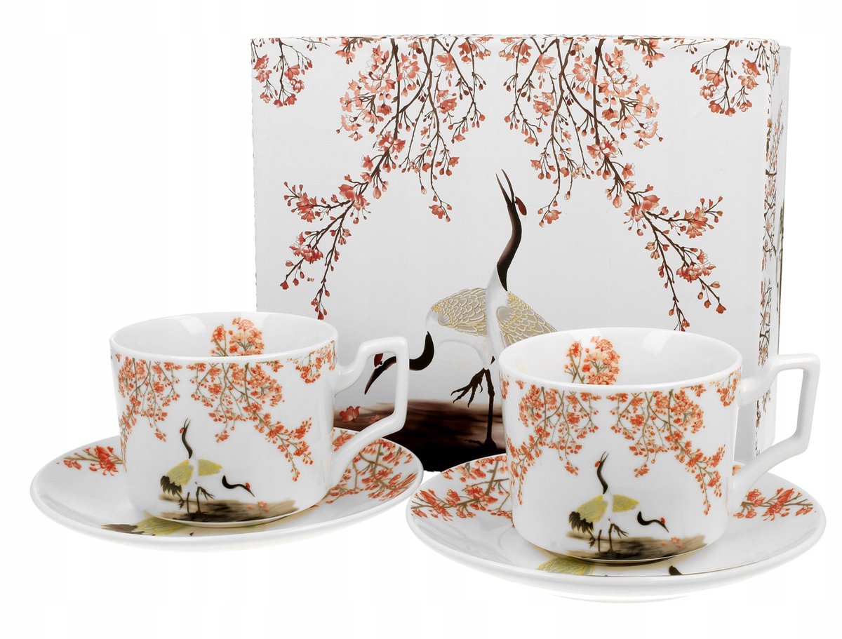 Luxe Porseleinen Koffiekopjes Set (2 stuks) - Sakura & Kraanvogel Design