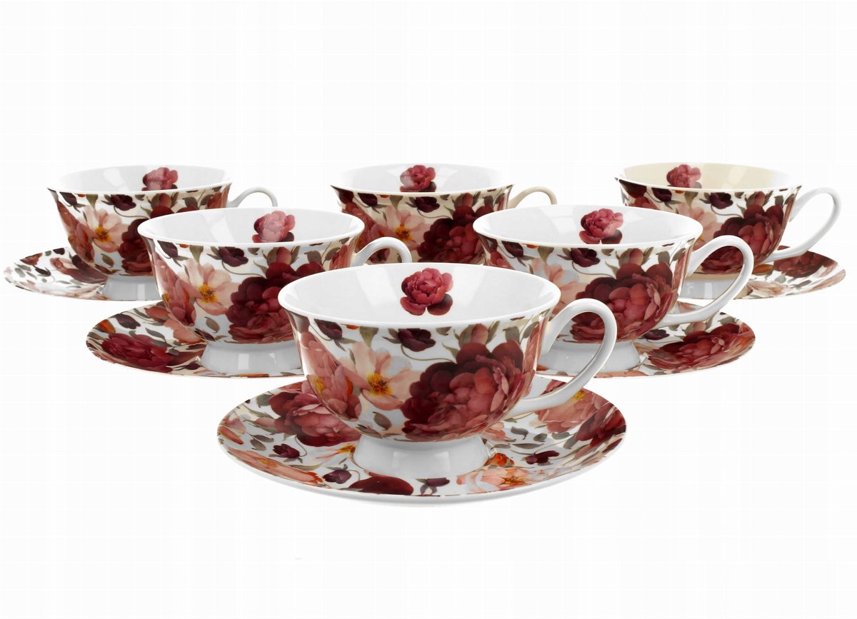 6x Porseleinen Kopjes met Schotels - Royal Spring Roses White
