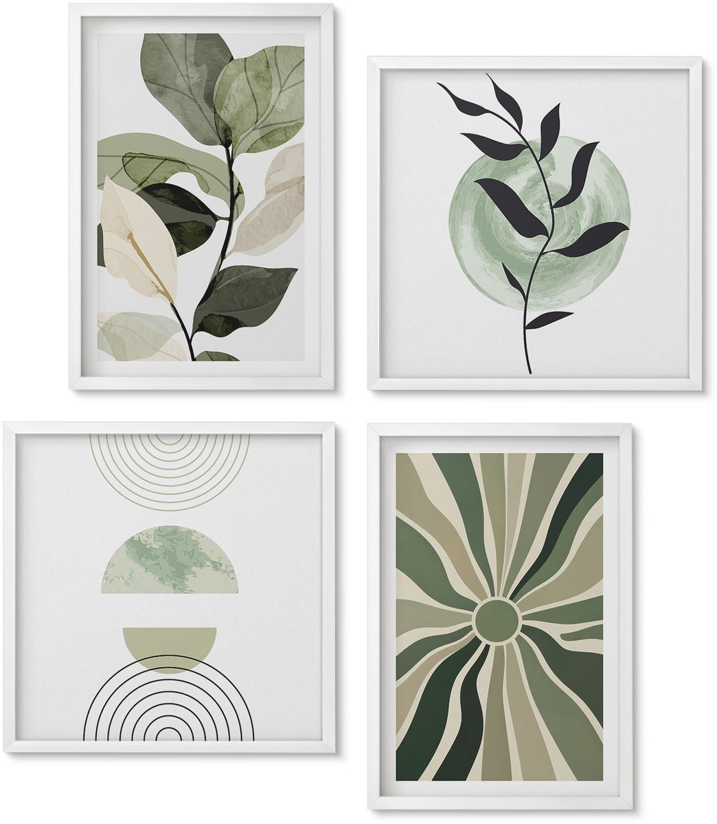 Wallfluent 4-Delige Schilderij Set - Plantmotieven Met Geometrische Vormen In Groen - 40 x 40 En 40 x 60 - Decoratieve Muurdecoratie - Slaapkamer - Interieur Decoratie