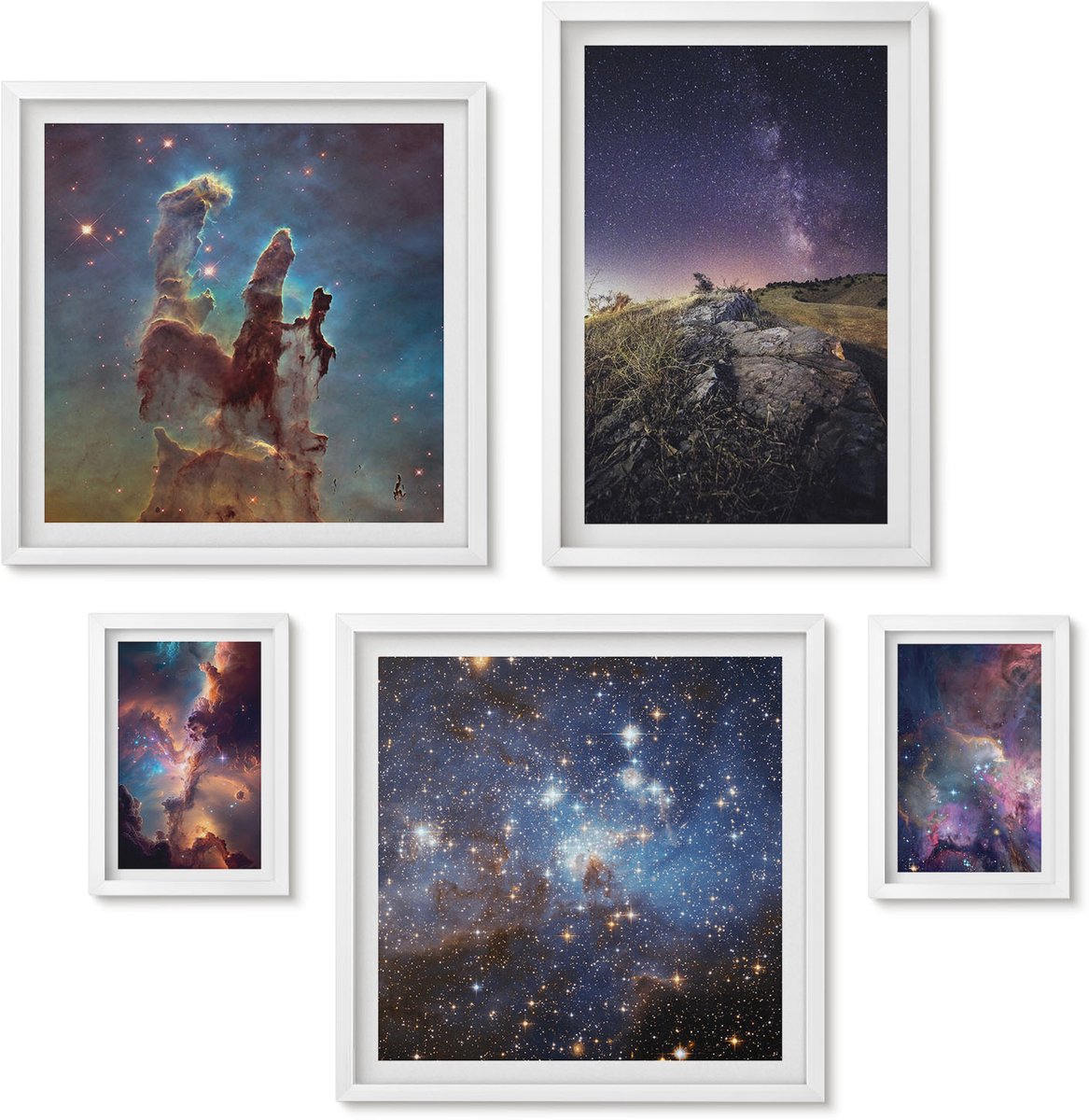 Wallfluent 5-Delige Schilderij Set - Kosmische Landschappen Van Sterrenstelsels En Astronomische Verschijnselen - 50 x 50 cm, 20 x 30 cm En 40 x 60 cm - Decoratieve Schilderijen - Woonkamer - Interieur - Interieur Decoratie