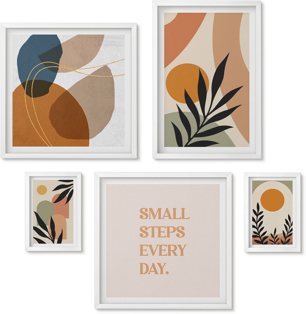 Wallfluent 5-Delige Schilderij Set - Stijlvolle Afbeeldingen Met Plantmotieven En Abstracte Vormen. - 50 x 50 cm, 20 x 30 cm En 40 x 60 cm - Muurdecoratie - Schilderijen Set - Woonkamer - Wanddecoratie