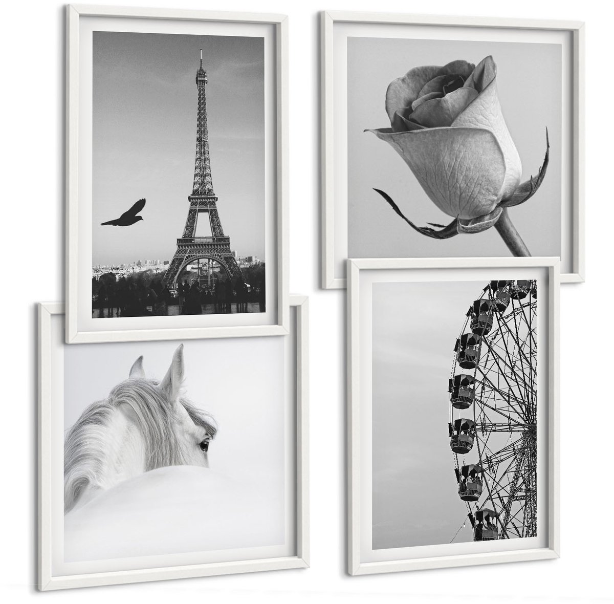 Tulup 4-Delige Schilderij Set - Roze Eiffeltoren Paard Reuzenrad Monochroom - 40x40 en 40x60 - Wanddecoratie - Woonkamer Decoratie - Muurdecoratie