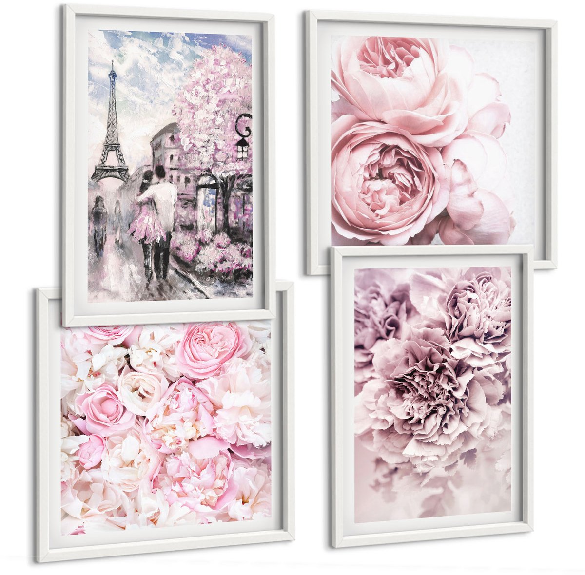 Tulup 4-Delige Schilderij Set - Bloemen in verschillende tinten roze, romantisch landschap - 40x40 en 40x60 - Stijlvolle Wanddecoratie - Interieur - Decoratieve Schilderijen