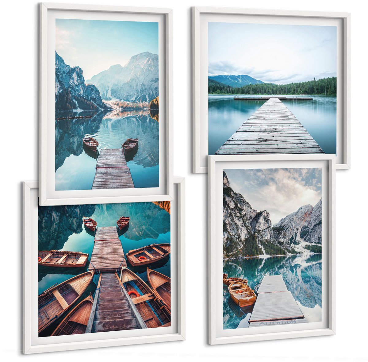 Tulup 4-Delige Schilderij Set - Een rustig meer met houten steigers en boten. - 40x40 en 40x60 - Decoratieve Muurdecoratie - Slaapkamer - Stijlvolle Muurdecoratie