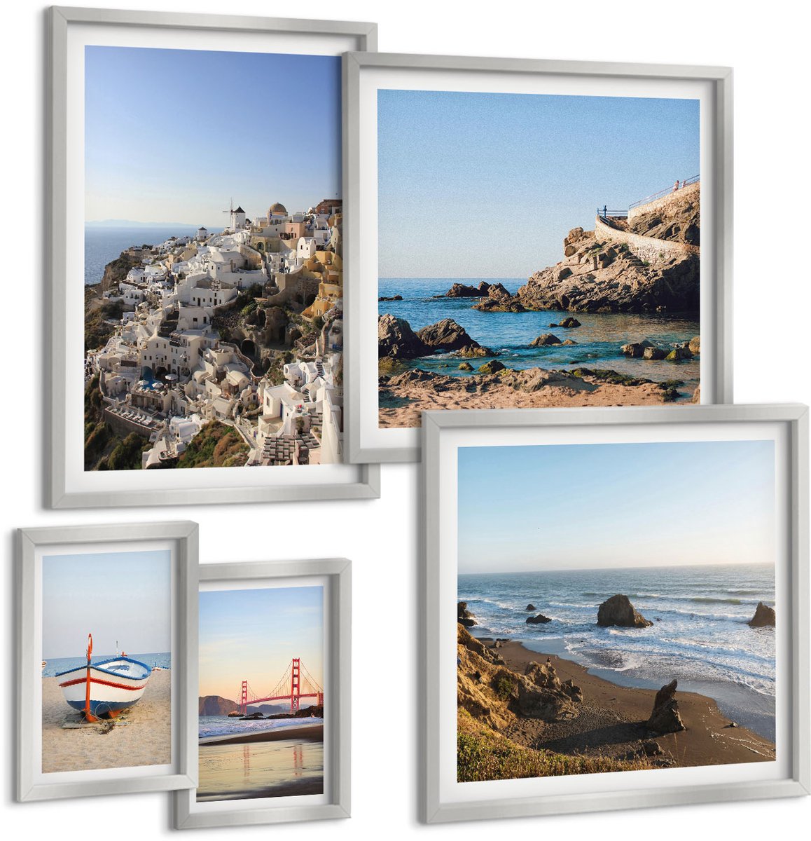 TULUP 4-Delige Schilderij Set - Uitzichten op pittoreske stranden en charmante stadjes - 50 x 50 cm, 20 x 30 cm en 40 x 60 cm - Wanddecoratie - Muurdecoratie - Moderne Interieurdecoratie Zilveren lijst