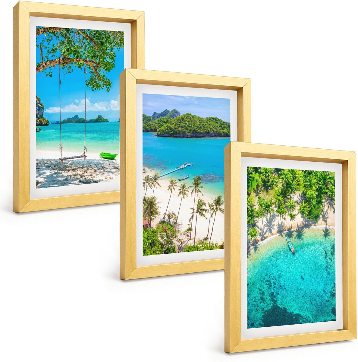 TULUP 4-Delige Schilderij Set - Tropische stranden met palmbomen en kristalhelder water. - 20 x 30 cm - Stijlvolle Muurdecoratie - Slaapkamer Gouden lijst