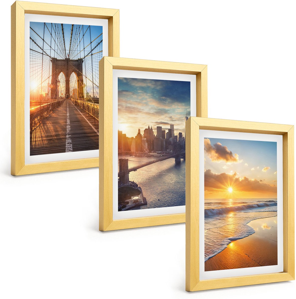 TULUP 4-Delige Schilderij Set - Bruggen en zonsondergangen in het stedelijk landschap - 20 x 30 cm - Wanddecoratie - Woonkamer Decoratie Gouden lijst