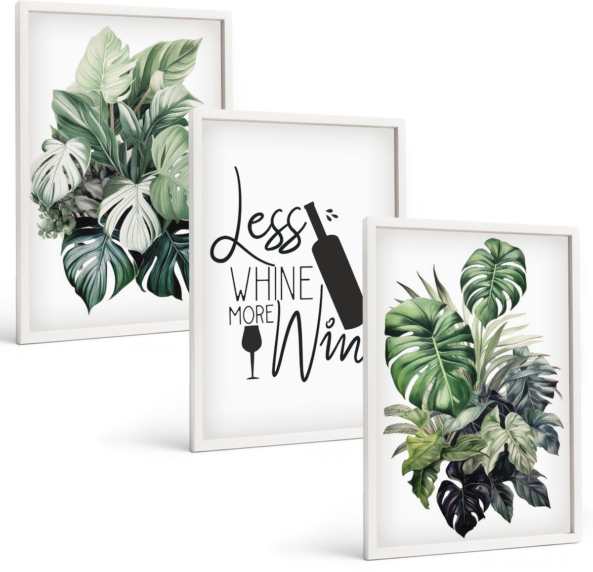 Tulup 3-Delige Schilderij Set - Groene plantenbladeren met het opschrift "wijn". - 40x60 - Wanddecoratie - Woonkamer Decoratie - Interieur Decoratie