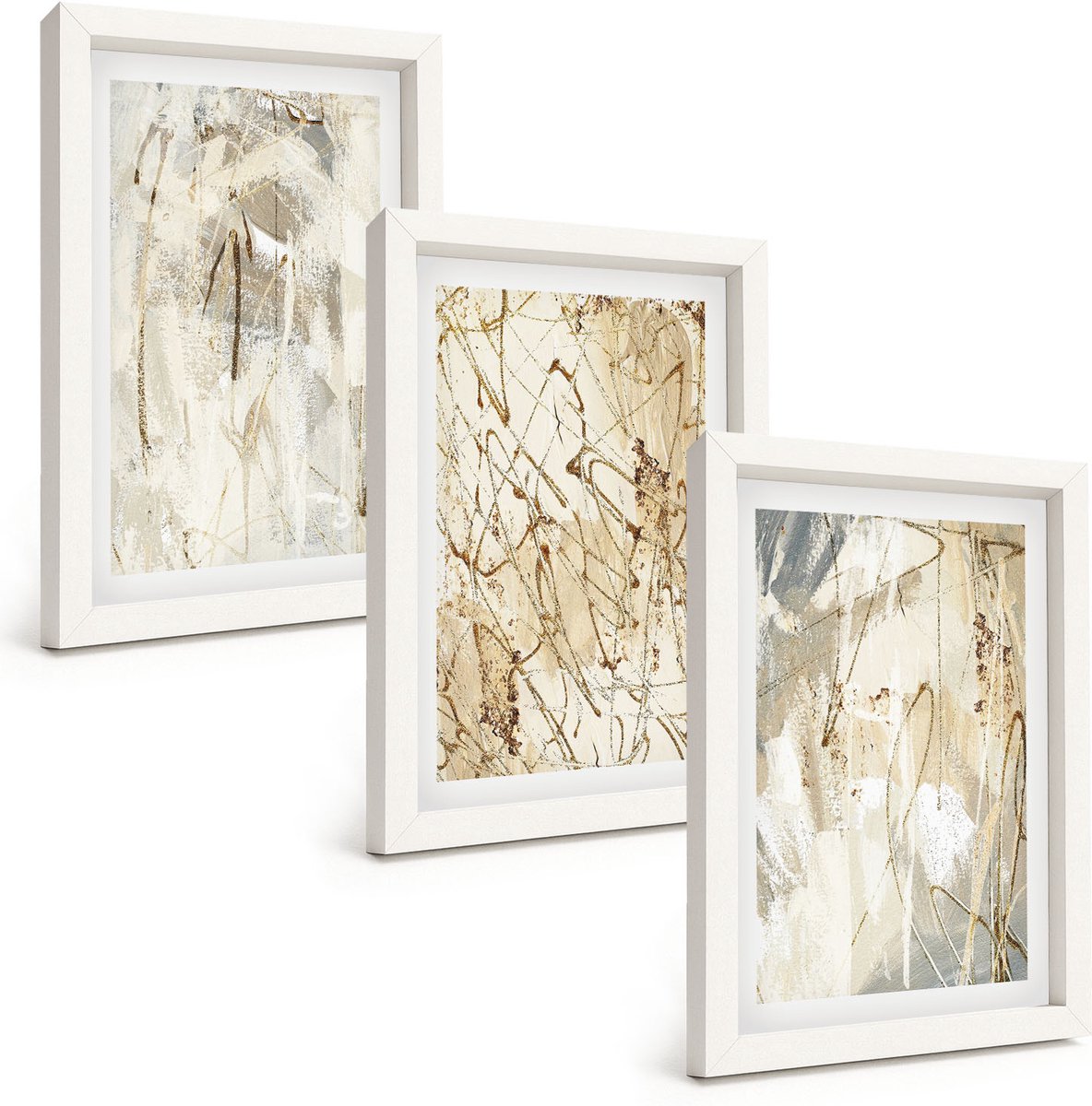Tulup 3-Delige Schilderij Set - Abstracte patronen in beige en grijze tinten. - 20x30 - Muurdecoratie - Wanddecoratie - Hal - Interieur Decoratie