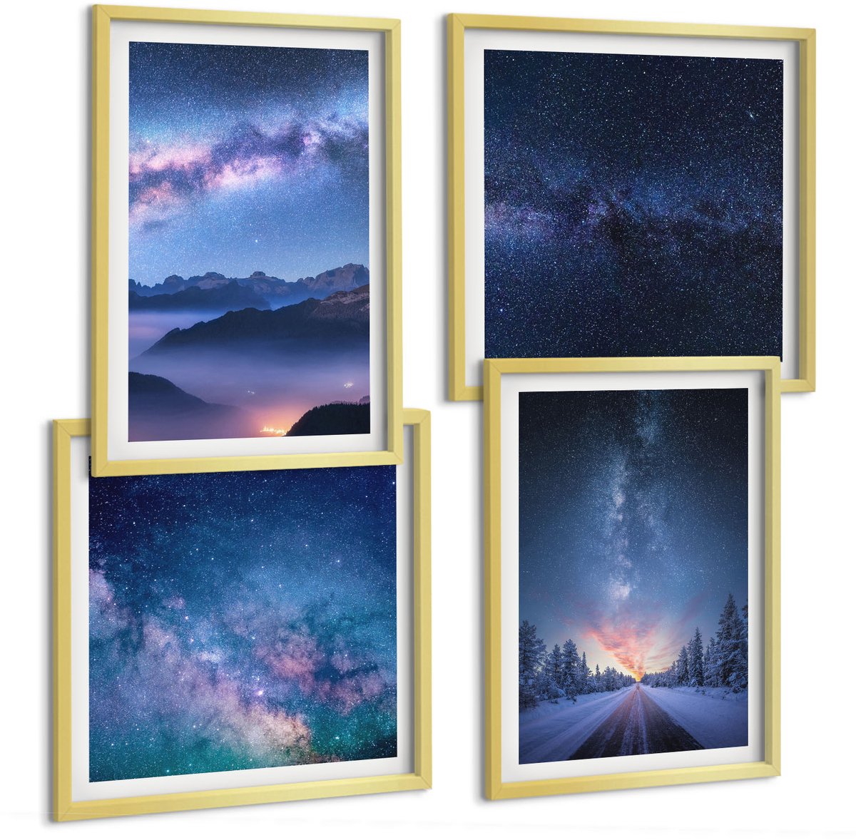 TULUP 4-Delige Schilderij Set - Nachtelijke hemel, bergen, kloof, ruimte en winterlandschap - 40 x 40 cm en 40 x 60 cm - Moderne Wanddecoratie - Woonkamer - Muurdecoratie Gouden lijst