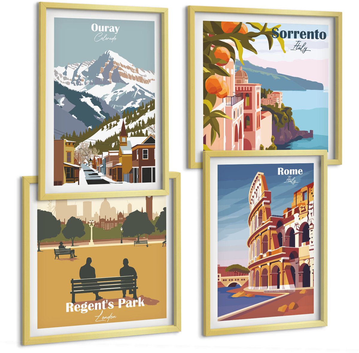 TULUP 4-Delige Schilderij Set - Retro-illustraties van beroemde regio's over de hele wereld - 40 x 40 cm en 40 x 60 cm - Moderne Wanddecoratie - Slaapkamer Gouden lijst