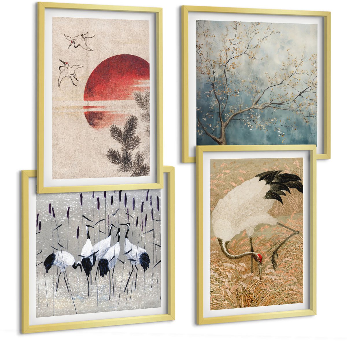 TULUP 4-Delige Schilderij Set - Illustraties van Japanse kraanvogels Japandi Landschap - 40 x 40 cm en 40 x 60 cm - Decoratieve Muurdecoratie - Slaapkamer - Woonkamer Decoratie Gouden lijst