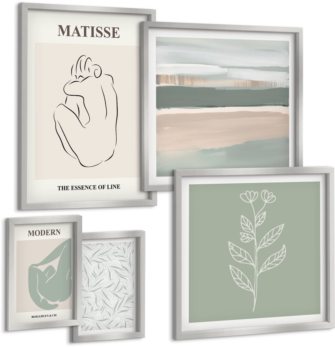 TULUP 4-Delige Schilderij Set - Stijlvolle, minimalistische afbeeldingen met plant- en lijnmotieven. - 50 x 50 cm, 20 x 30 cm en 40 x 60 cm - Wanddecoratie - Schilderijen Set - Kantoor - Stijlvolle Muurdecoratie Zilveren lijst