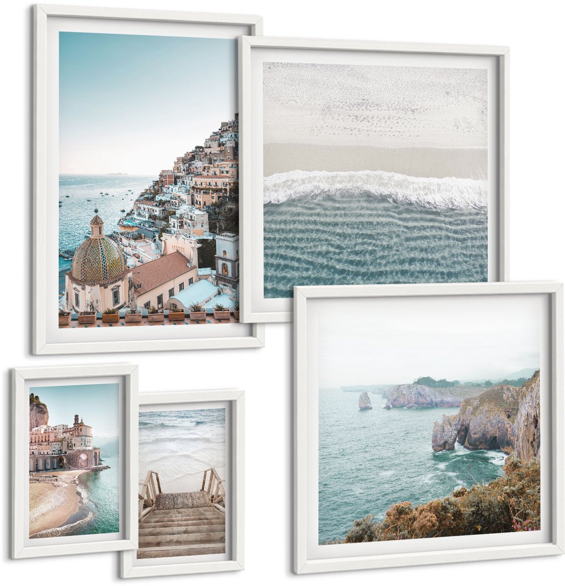 Tulup 4-Delige Schilderij Set - Kustlandschappen met charmante stadjes en stranden - 50 x 50 cm, 20 x 30 cm en 40 x 60 cm - Stijlvolle Muurdecoratie - Kantoor